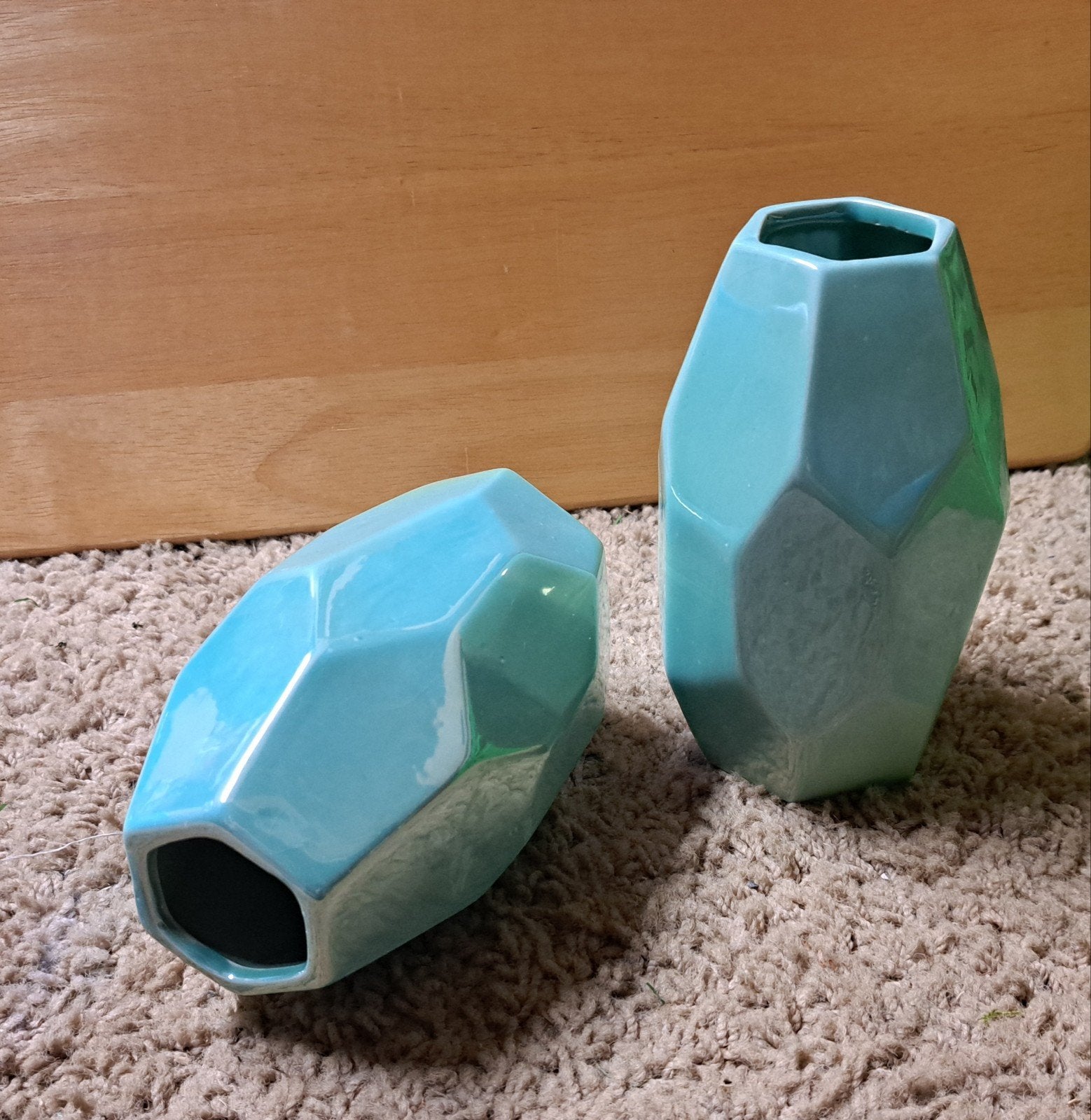 6 hoekige turquoise vaasjes, Ophalen of Verzenden