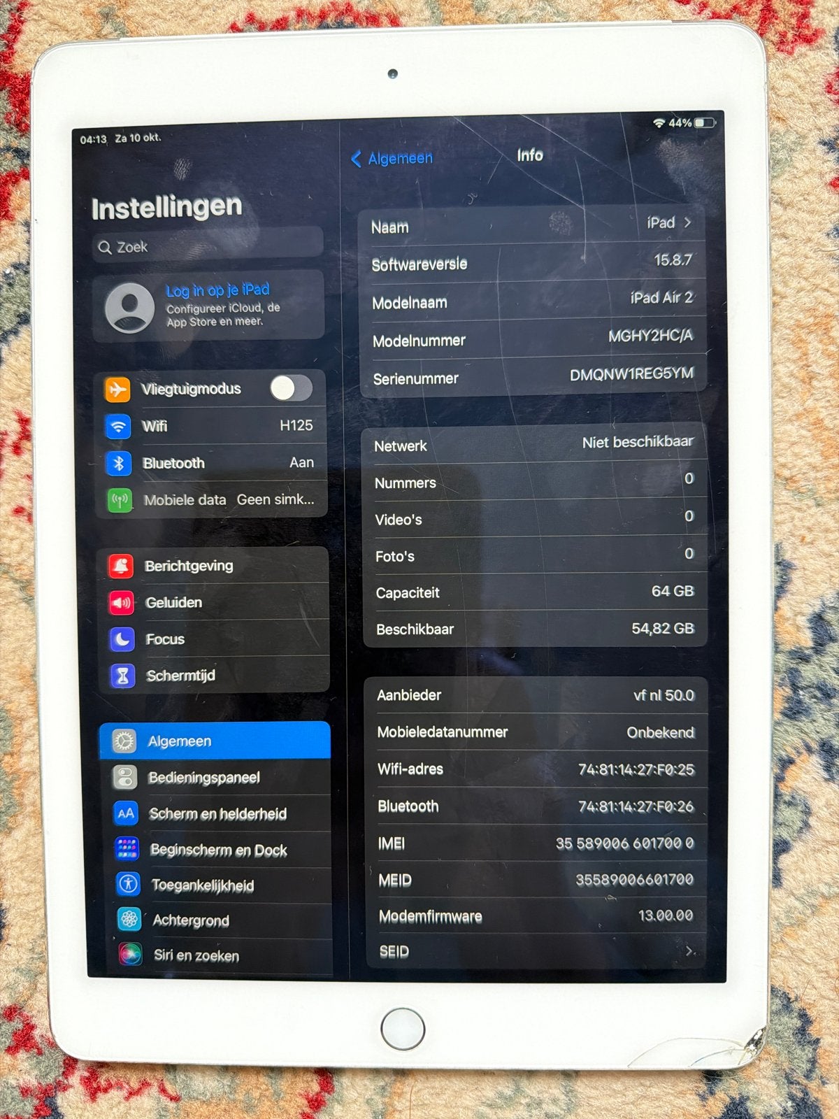 iPad Air 2 64GB cellular - Hoekje beschadigd, werkend, Computers en Software, Gebruikt, Wit, Apple iPad Air, 64 GB