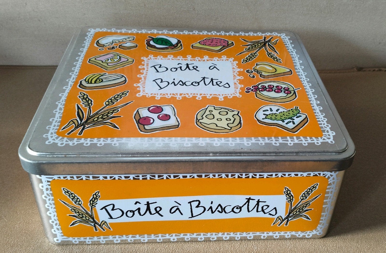 Oranje/zilver  Boîte à Biscottes blikken trommel-Vierkant, Verzenden, Metaal, Oranje, Overige typen