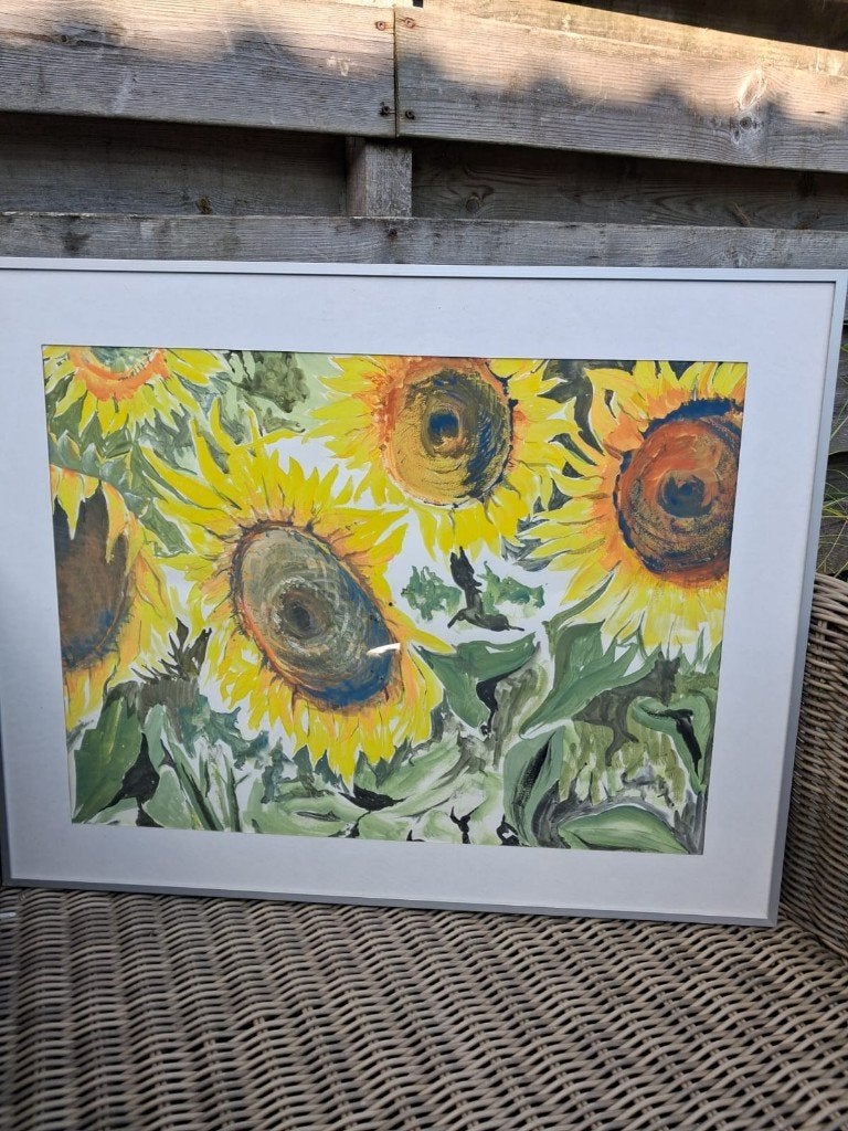 ingelijste gouache zonnebloemen. afm 72 x 58 cm, Ophalen