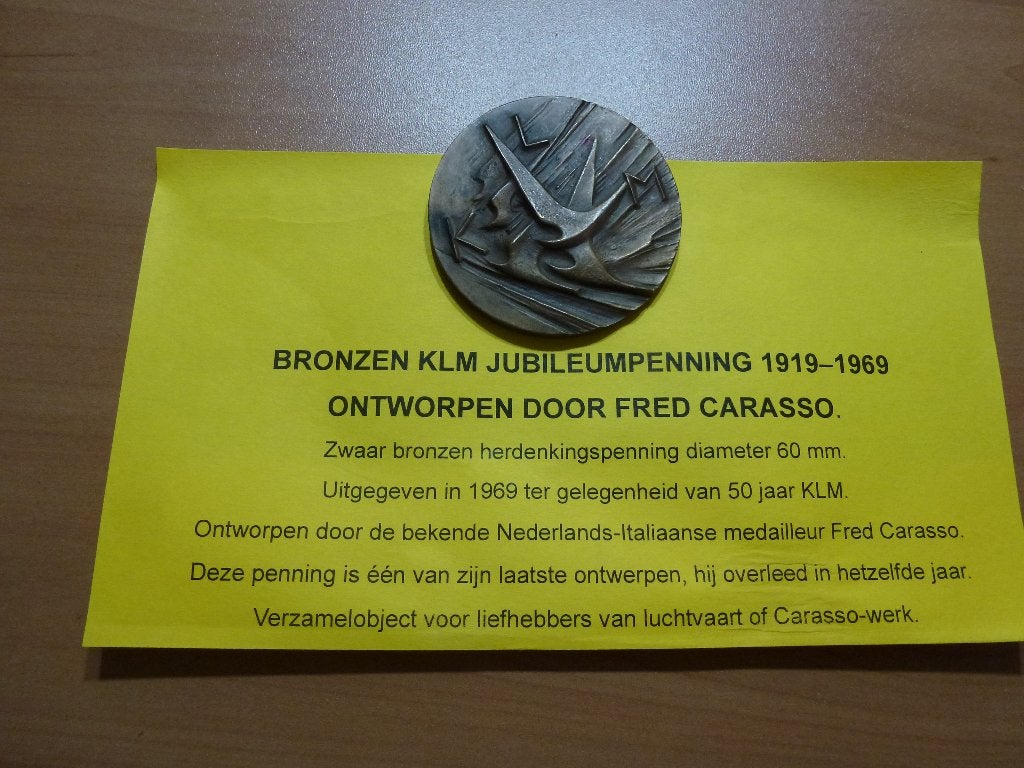 Bronzen KLM Jubileumpenning 1919-1969 Fred Carasso, Ophalen of Verzenden, Gebruikt, Overige typen
