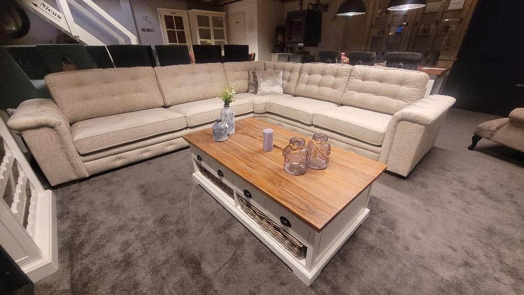 *ACTIE* Bank Hoekbank Maya 330x300 cm Beige €2079 NU €1875 2, Landelijke bank hoekbank Maya stof onyx 6 beige gratis bezorgd, Hoekbank