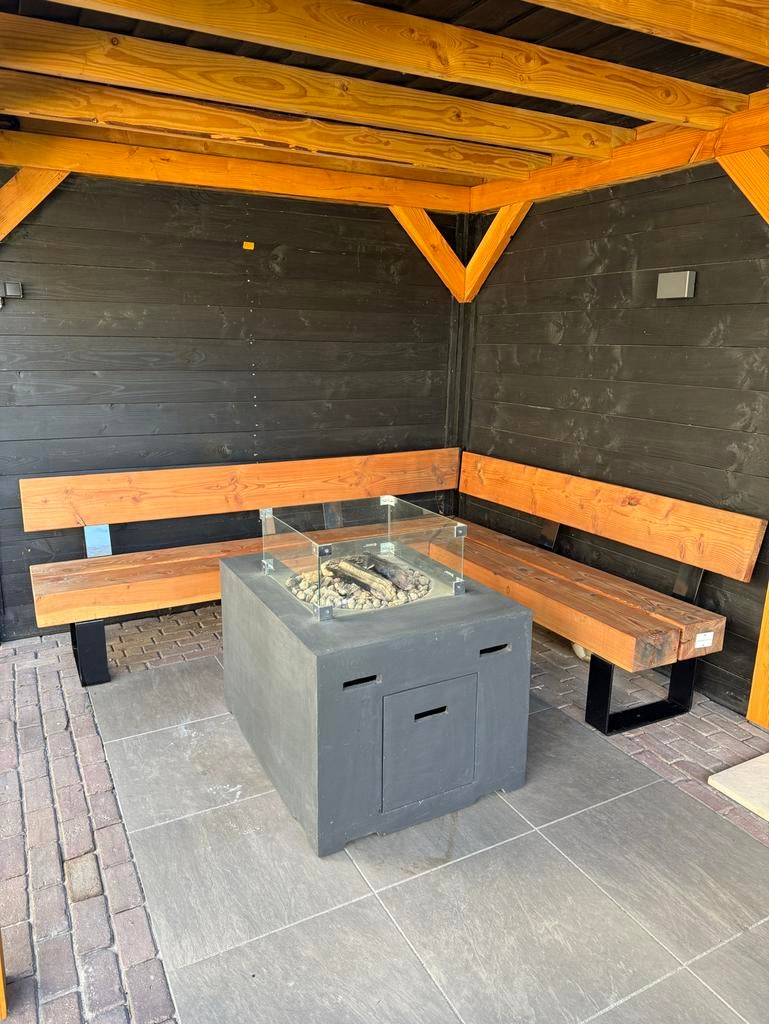 Robuuste eiken houten loungeset met gepoedercoat onderstel, Tuin en Terras, Tuinbanken, Ophalen, Zo goed als nieuw, Hout