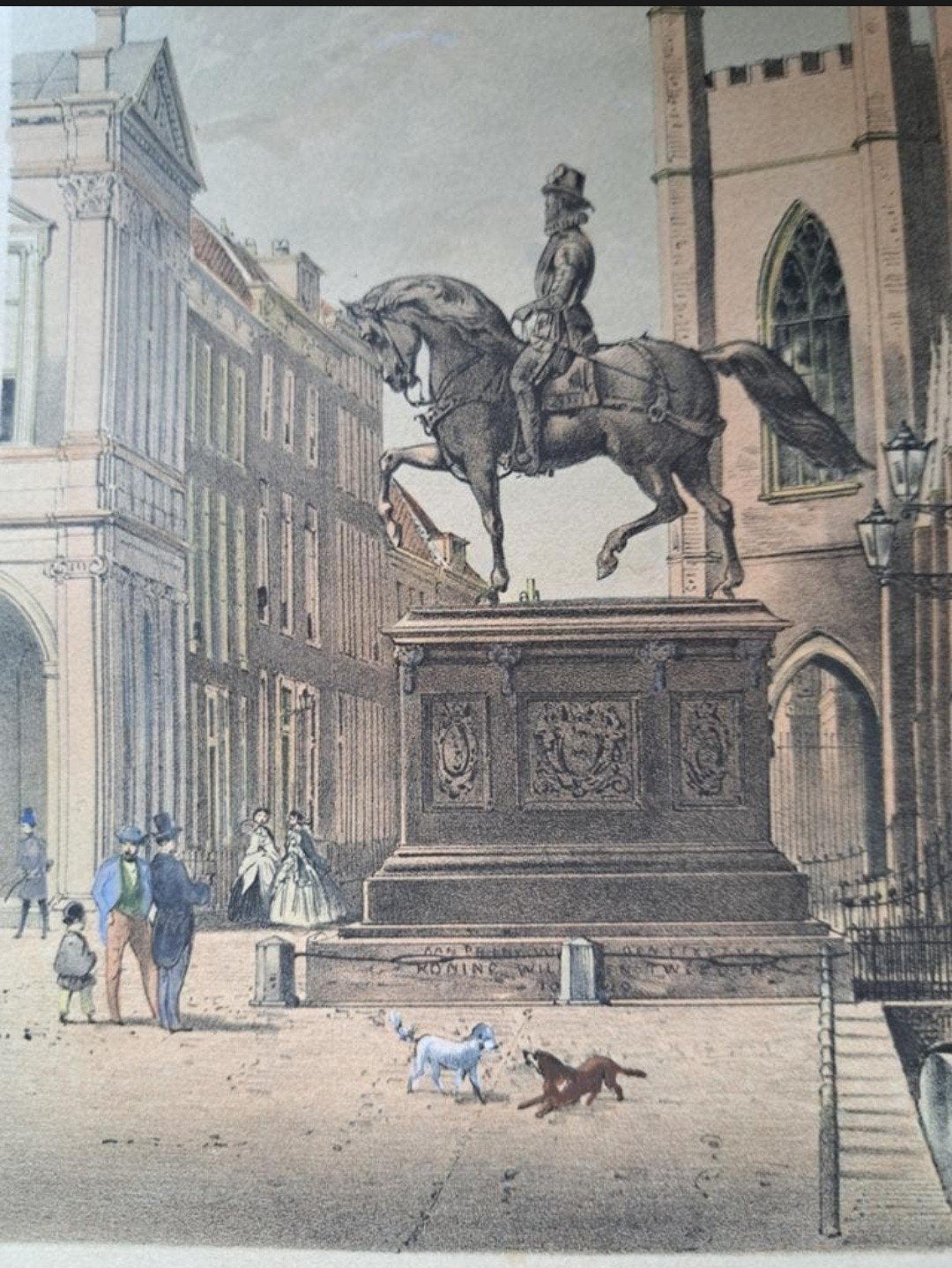 Lithh Ruiterstandbeeld Willem van Oranje, Antiek en Kunst, 1800 - 1899, Stadsgezicht, Gravure, Handgekleurd