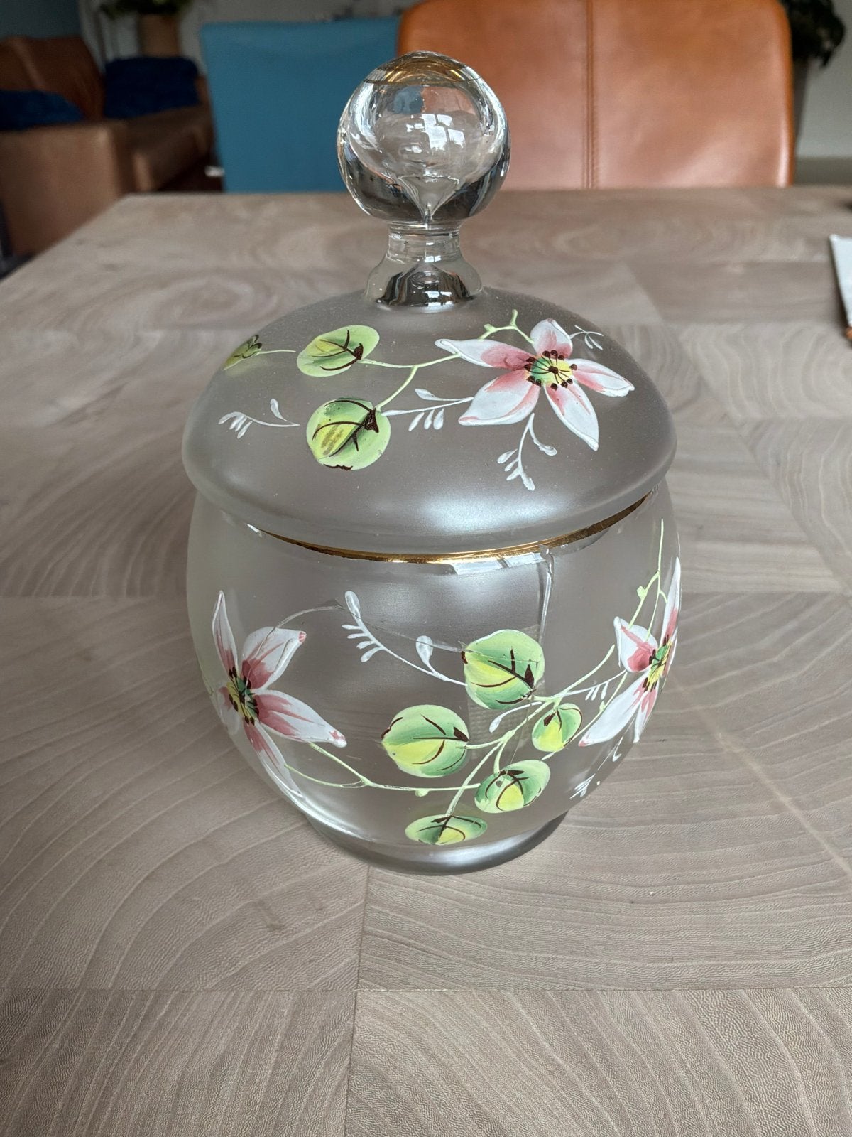 Glazen pot met bloemmotief en deksel, Ophalen of Verzenden
