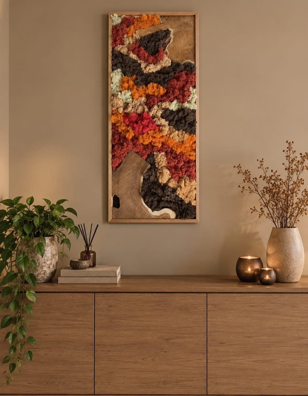 Herfst mos schilderij met hout en rendiermos 40x100cm, Ophalen, 40 cm, Schilderij, Hout