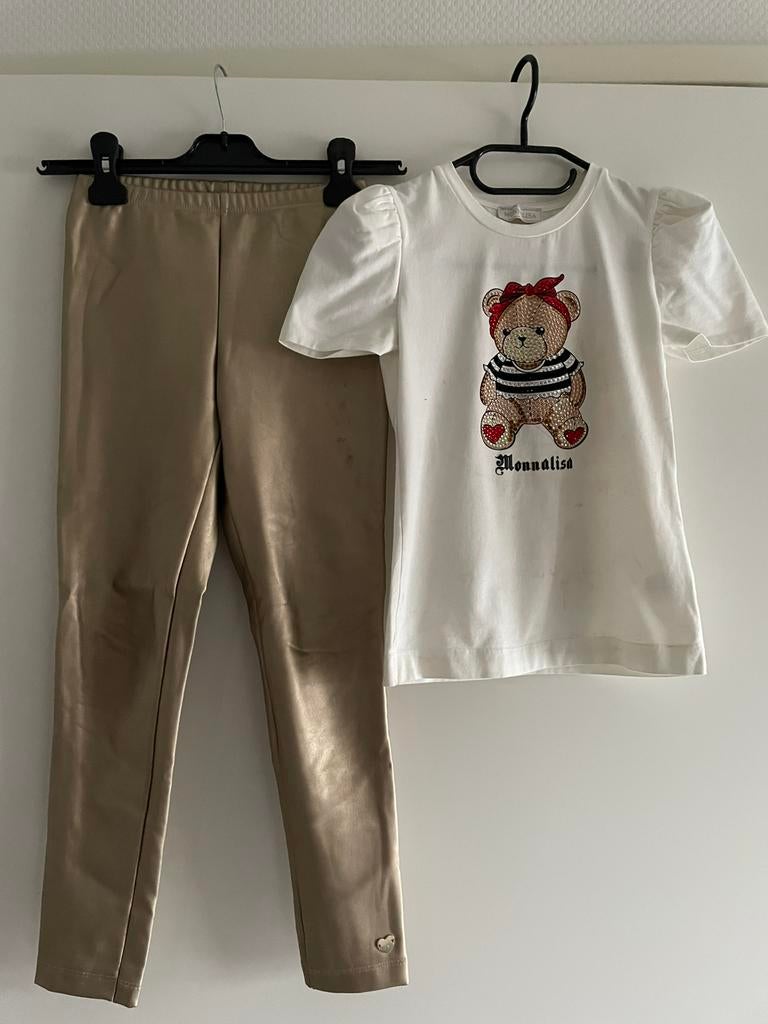 Monnalisa goudkleurig broekje met bijpassend shirt 5 jaar., Ophalen of Verzenden, Zo goed als nieuw, Meisje, Setje