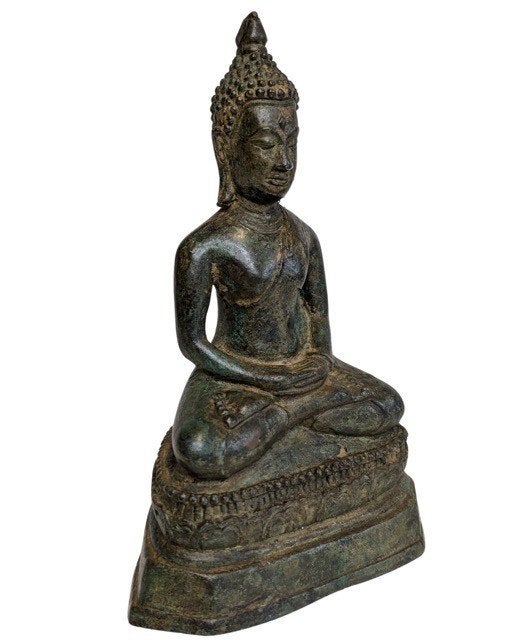 Thais bronzen Boeddhabeeld in meditatiehouding – 059, Gebruikt, Ophalen of Verzenden, 19 cm, Overige materialen