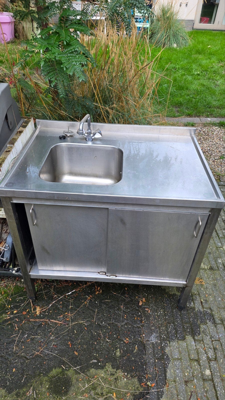 RVS Keukenblok met spoelbak en schuifdeuren, Ophalen, Gebruikt