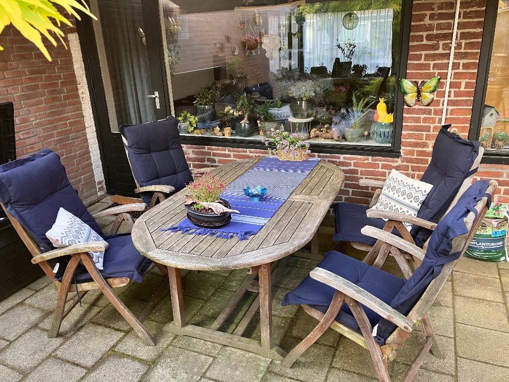 Tuinset, Tuin en Terras, Tuinsets en Loungesets, Gebruikt, Tuinset, Teakhout, 4 zitplaatsen, Eettafel, Ophalen