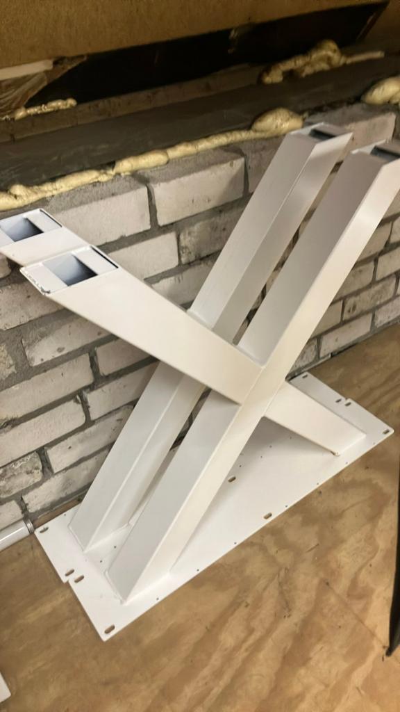 Stijgerhouten tafel wit stalen x poot, Ophalen of Verzenden, Zo goed als nieuw, Rechthoekig, 50 tot 100 cm