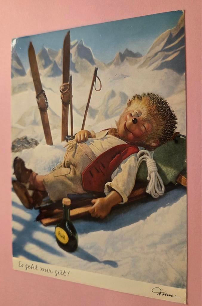 Meneer Egel slaapt met fles rum naast zijn ski's, Verzenden, Gelopen, Kinderen