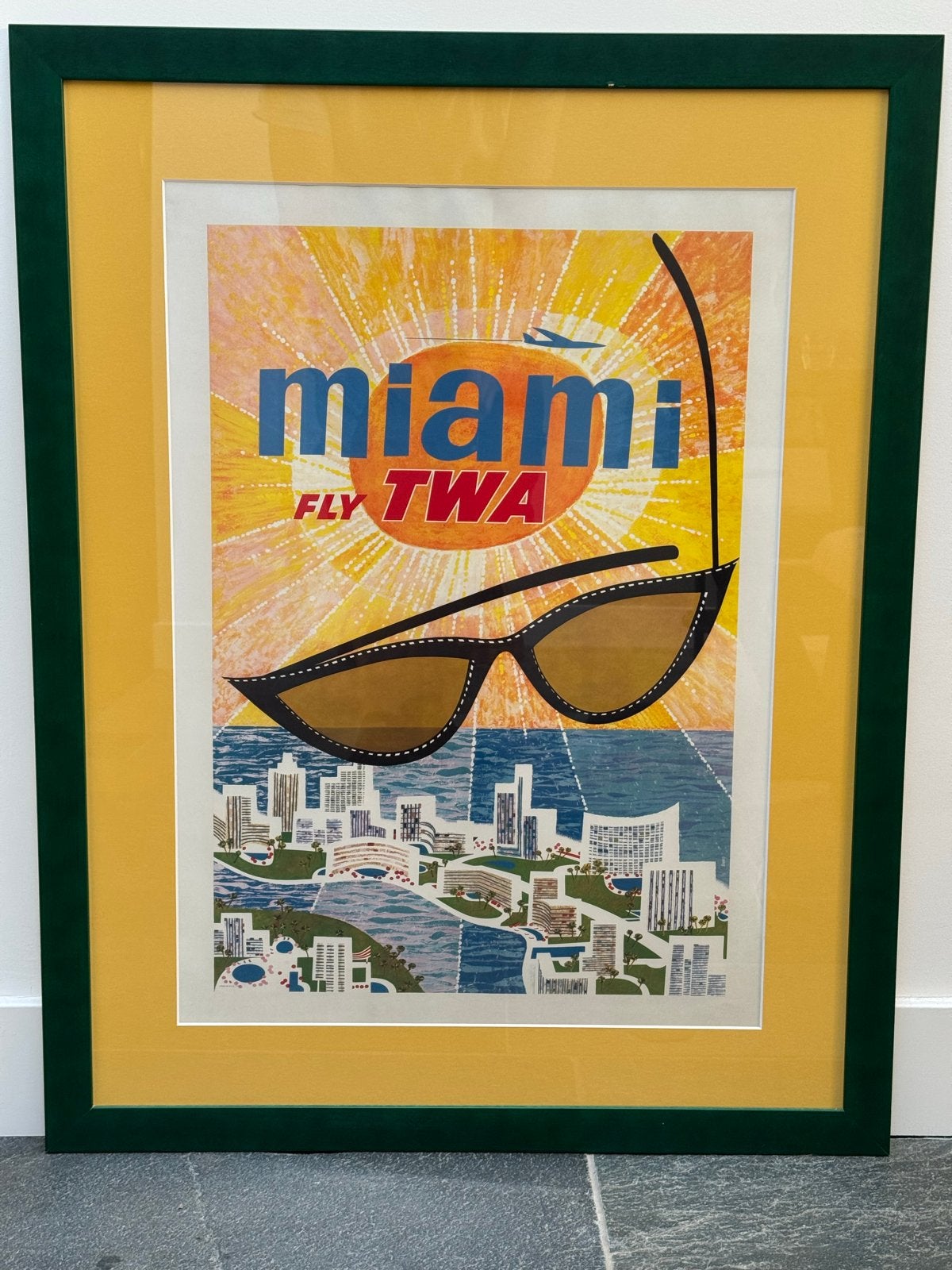 Vintage TWA Miami Reclame Poster - Ingelijst, Ophalen, Gebruikt, Foto of Poster, 75 – 100