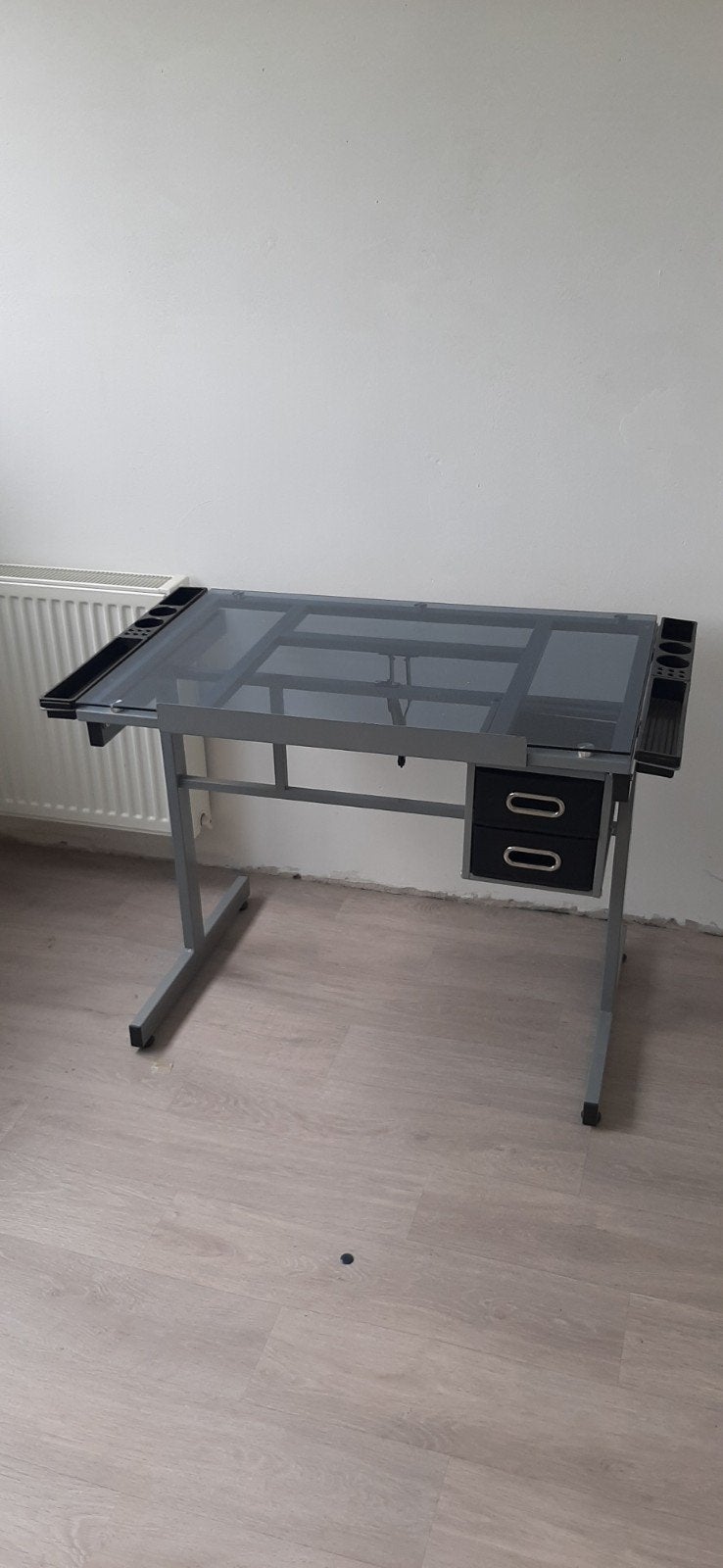 Tekentafel met glazen blad en opbergruimte, Ophalen, Gebruikt, Minder dan 130 cm