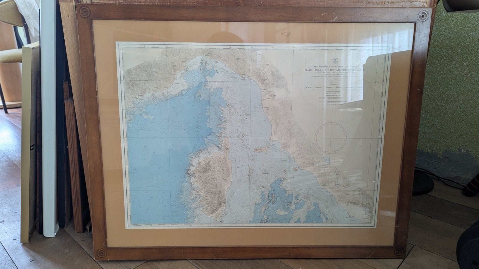 Vintage kaart Noord-west Italië en Corsica, Ophalen, Schilderijlijst, 91 cm, Met glas