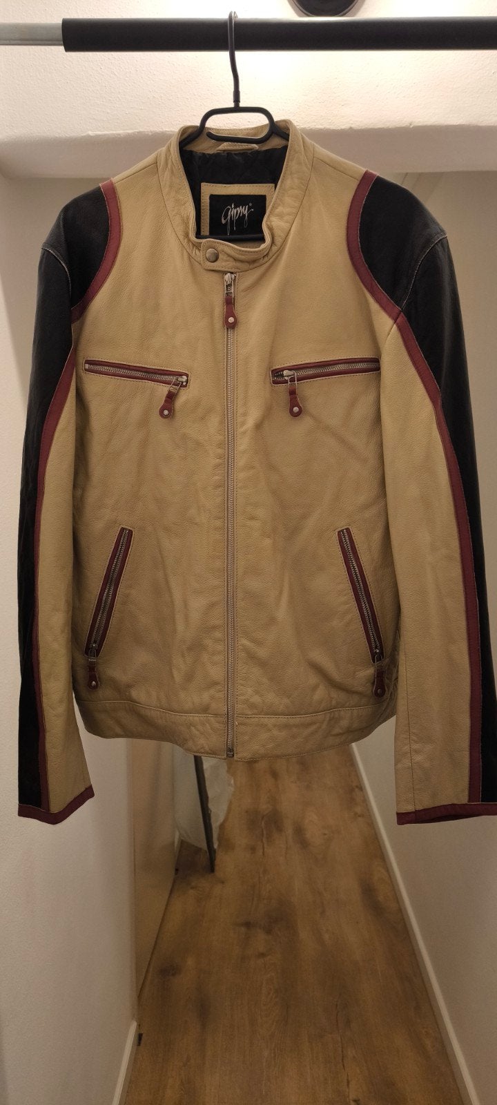 Vintage Gipsy leren jas - beige/zwart/rood, Kleding | Heren, Ophalen, Gedragen, Beige