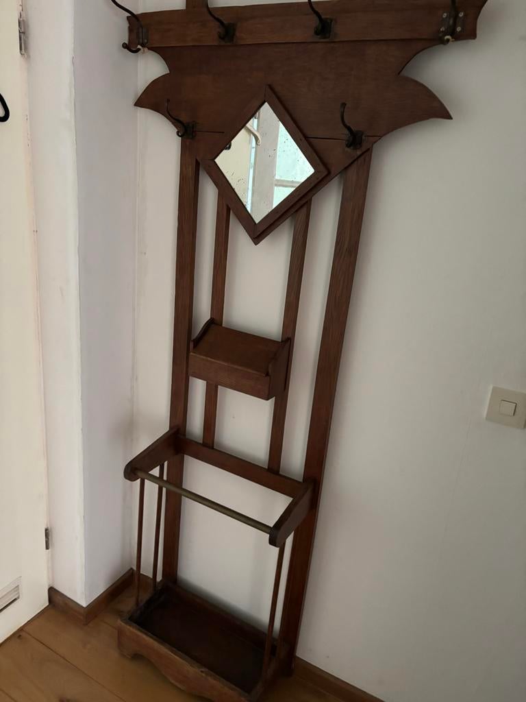 Antieke houten kapstok met spiegel en paraplubak, Gebruikt, 150 tot 200 cm, Hout, Ophalen