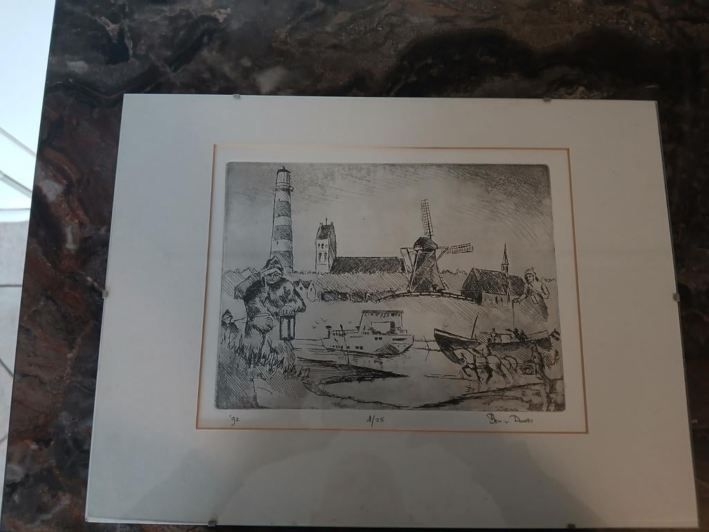 Zeldzame pentekening Ameland: reddingsboot, molen, vuurtoren, Ophalen of Verzenden