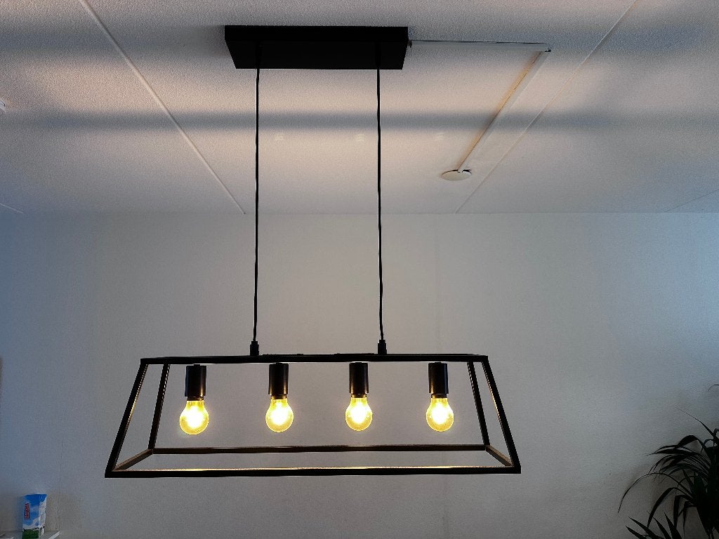 Trendy zwarte metalen hanglamp met dimbare spotjes, Ophalen, E27 (groot), Zo goed als nieuw, Metaal