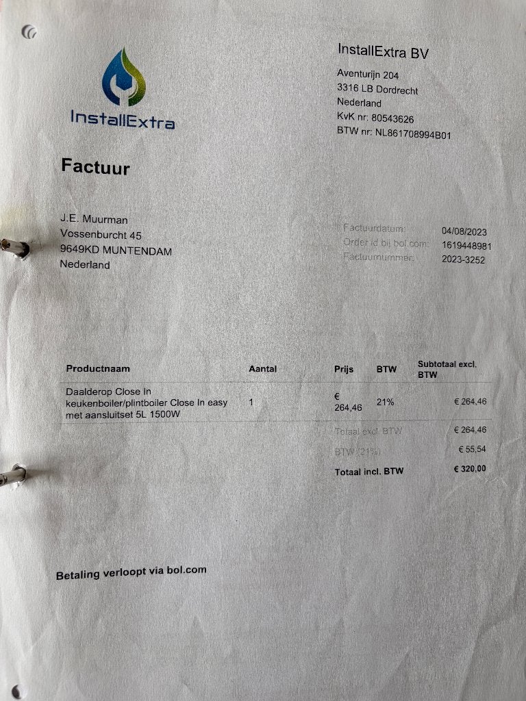 Daalderop close in plintboiler 5L 1500W + inlaatcomb.mbi, Ophalen, Gebruikt, Boiler, Minder dan 3 jaar oud