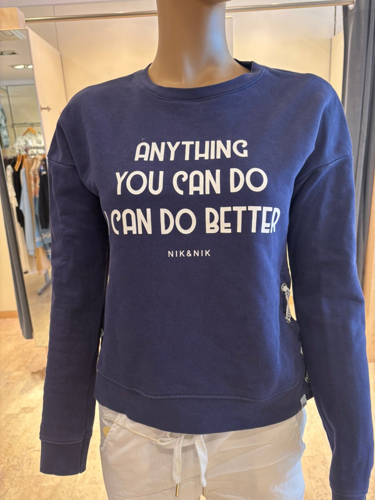 Nik & Nik donker blauwe sweater maat 16 (dames xs/s), Verzenden