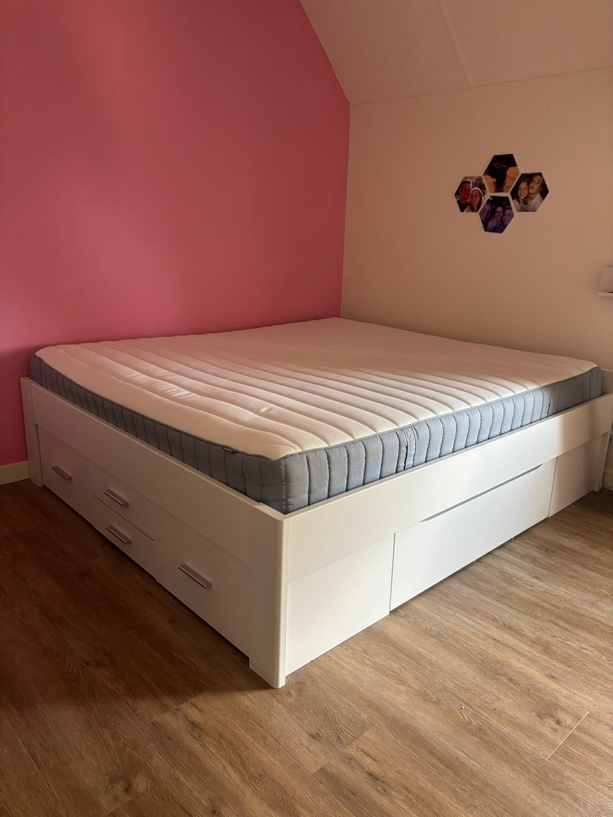 Tweepersoons bed met 6 lades, 180x200 cm, Ophalen, Wit, Tweepersoons, Zo goed als nieuw