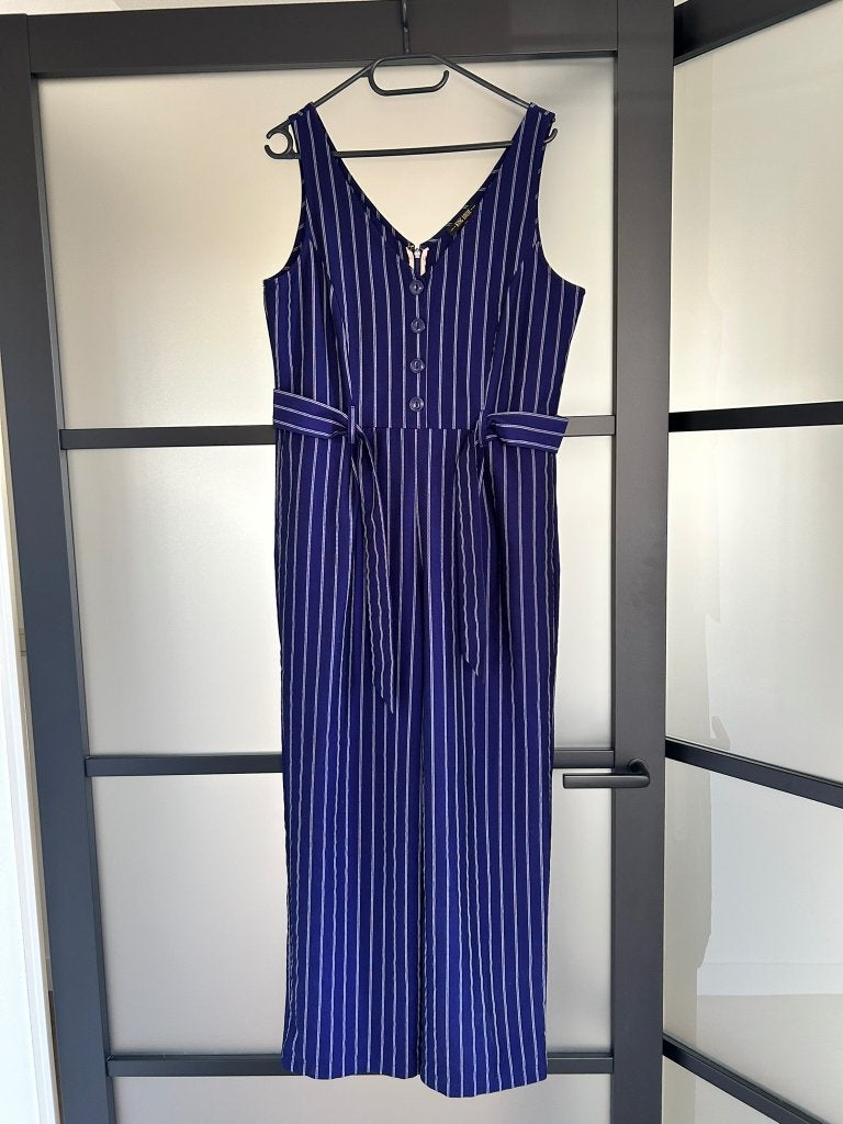 King Louie maat 40 Fiona krijtstreep jumpsuit broekpak 3082, Maat 38/40 (M), Blauw, Ophalen of Verzenden, Zo goed als nieuw