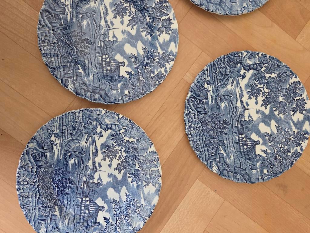 Set van 5 Myott 'The Hunter' blauw-witte borden, Antiek en Kunst, Antiek | Servies los, Ophalen of Verzenden
