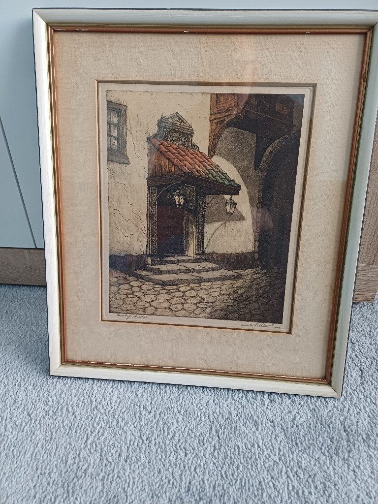 Ets in kleur, Antiek en Kunst, Ophalen, Architectuur, Ingelijst, 34 cm