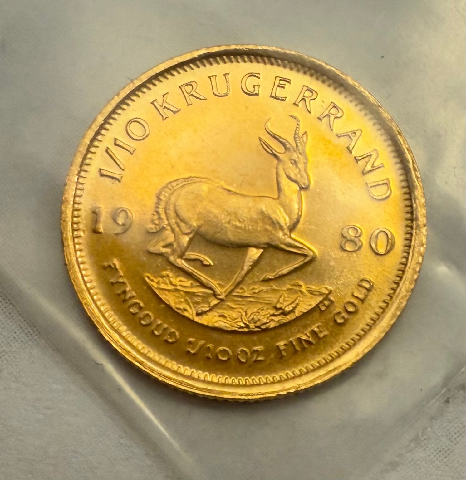 1/10oz Goud Krugerrand - Zuid-Afrika - Fijn Goud, Postzegels en Munten, Ophalen of Verzenden, Zuid-Afrika, Losse munt, Goud
