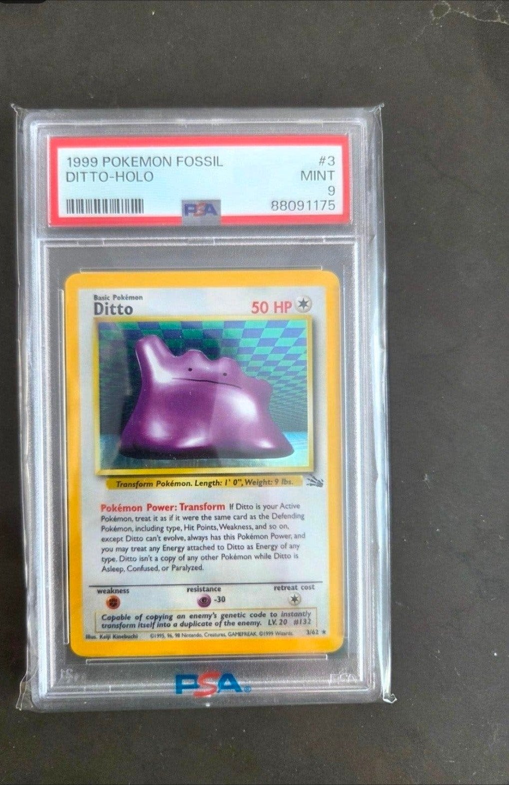 PSA 9 MINT 1999 Pokémon Fossil Ditto Holo #3, Ophalen of Verzenden, Zo goed als nieuw, Losse kaart, Foil