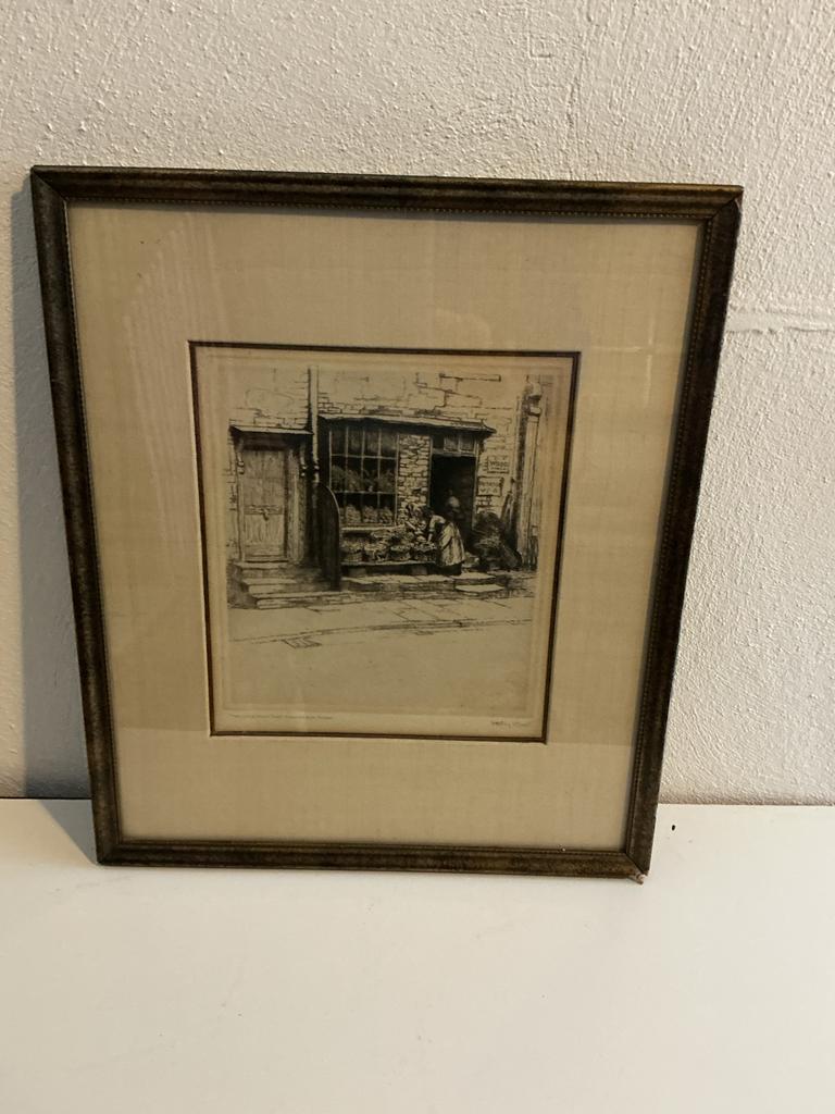 Ets Dorothy F Sweet - The Little Fruit Shop Highgate Hill, Antiek en Kunst, Ingelijst, Ets, Stadsgezicht, Ophalen of Verzenden