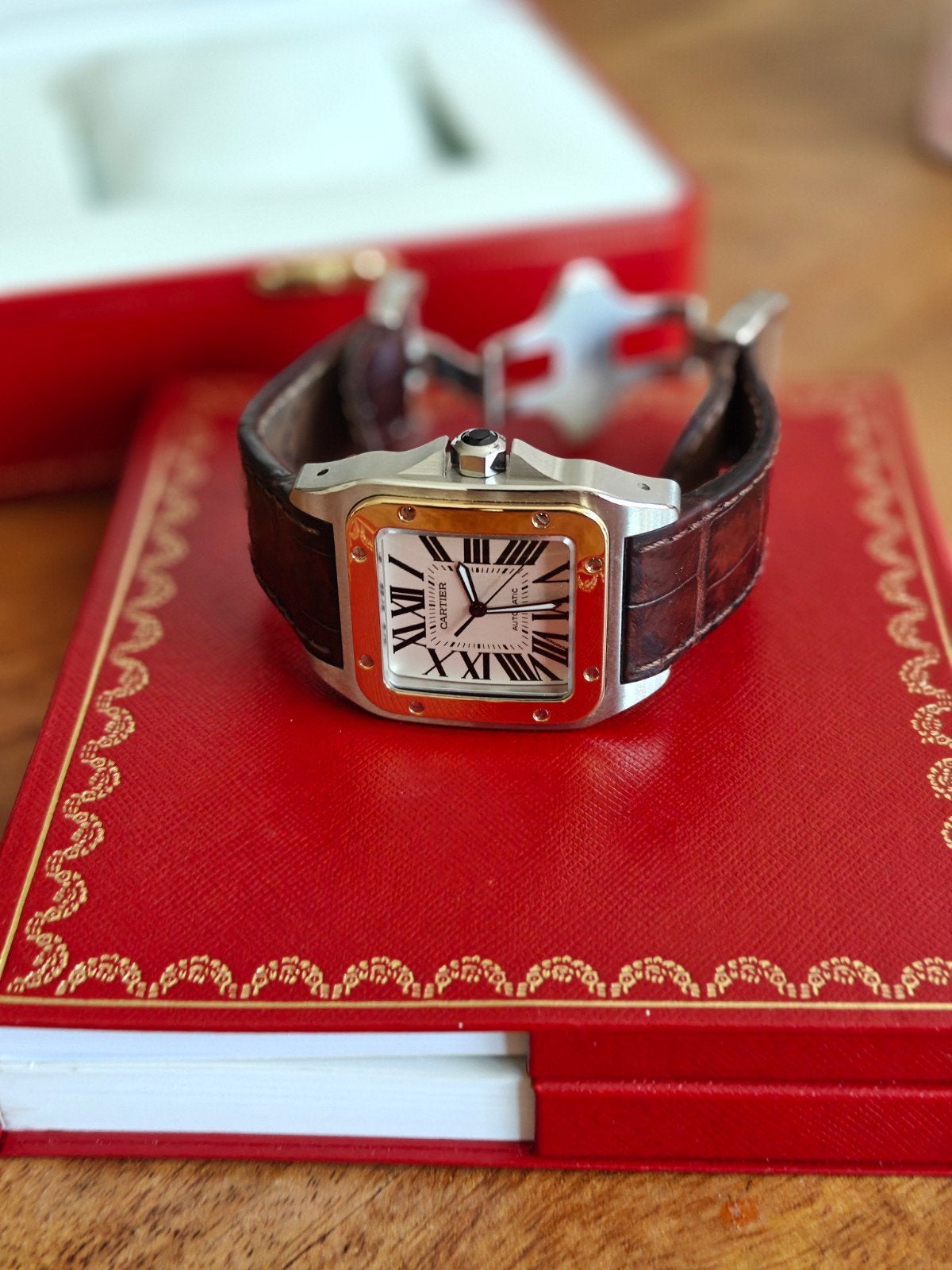 Cartier Santos 100 fullset staal/goud, Overige merken, Leer, Polshorloge, Ophalen of Verzenden