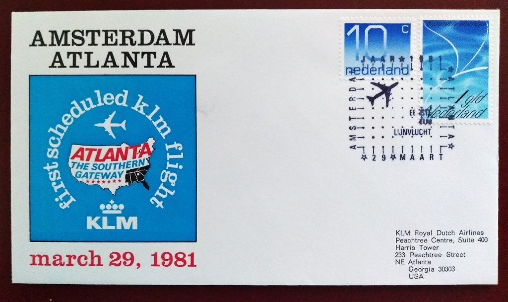 KLM First scheduled flight ATLANTA 1981, Postzegels en Munten, Brieven en Enveloppen | Nederland, Verzenden, Envelop