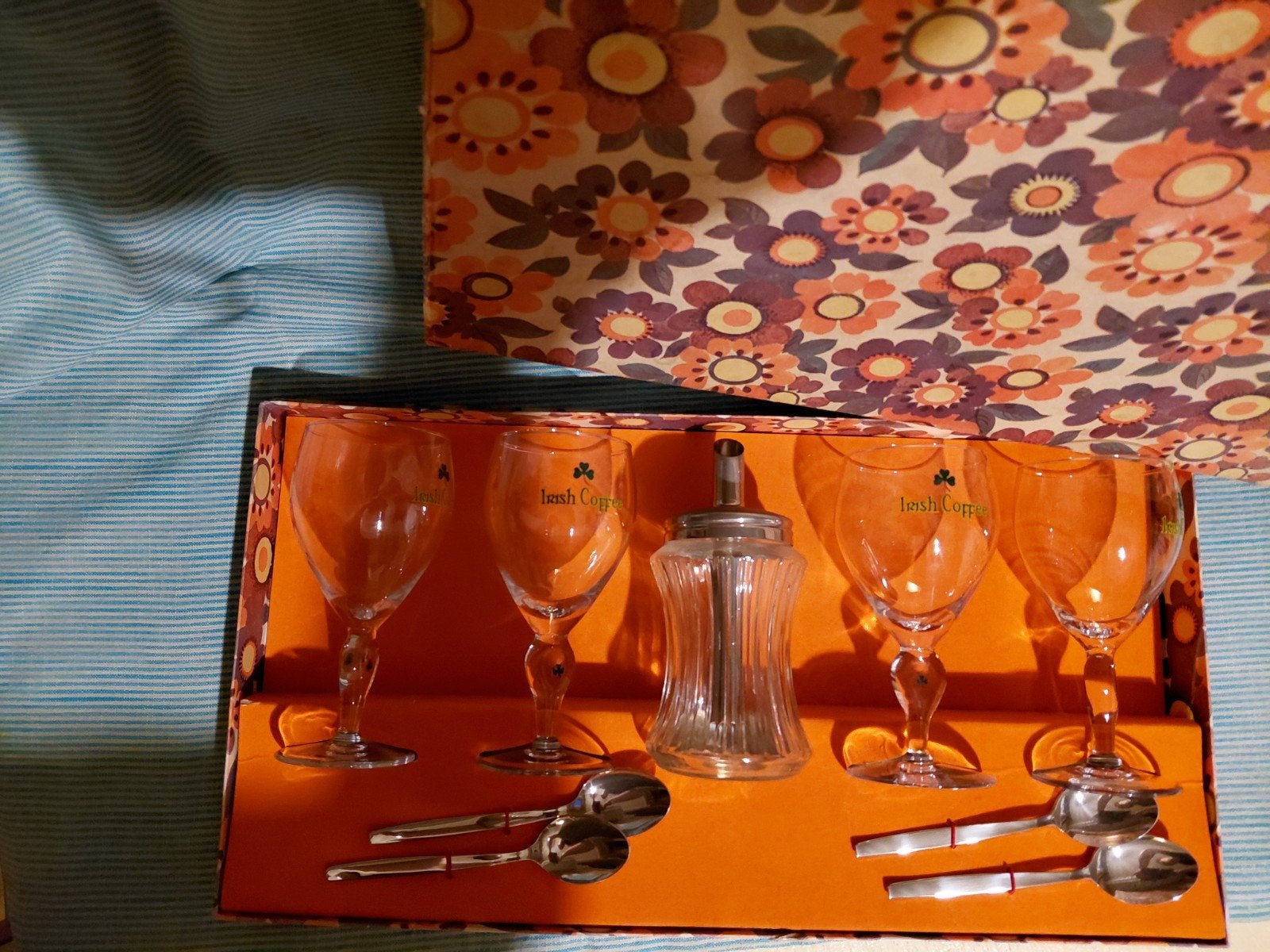 Irish Coffee Glazen Set met Lepels en Suikerstrooier, Overige typen, Ophalen, Zo goed als nieuw, Glas