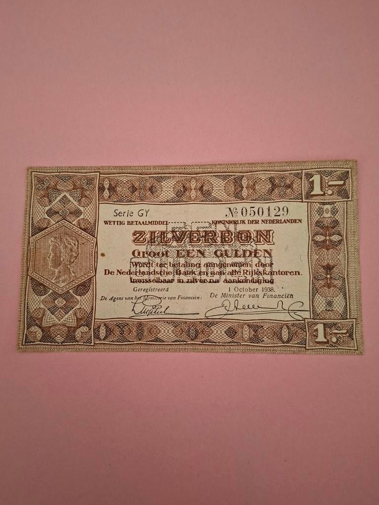 1 gulden Zilverbon uit 1938 in PR Serie GY, Ophalen of Verzenden, 1 gulden, Los biljet