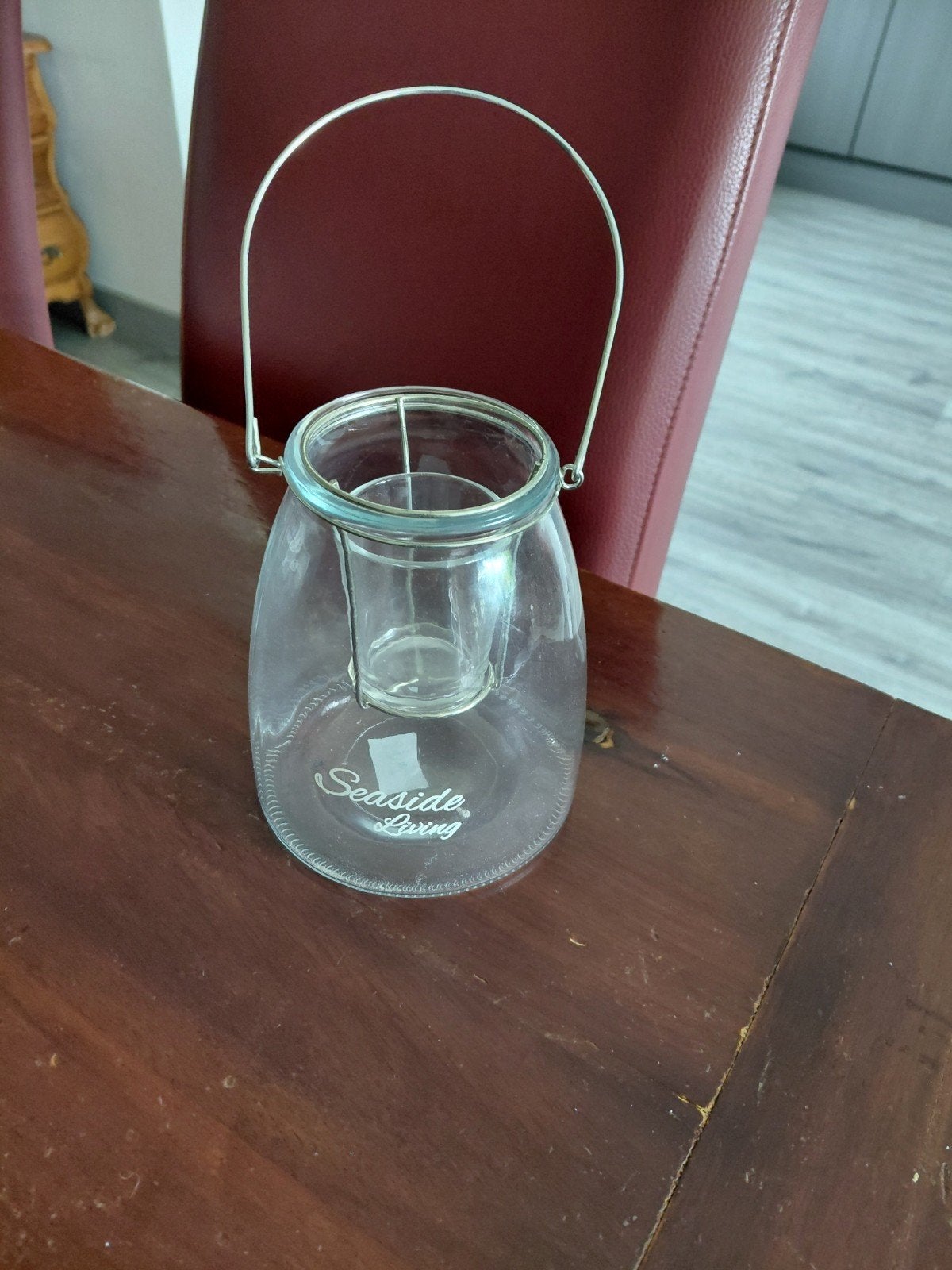 Te koop windlicht met tekst seaside living, Ophalen of Verzenden, Zo goed als nieuw, Overige materialen, Kandelaar