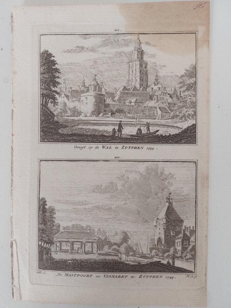 201-202 Zutphen Mastpoort en Vischmarkt Kopergravure 1750, Antiek en Kunst, Kunst | Etsen en Gravures, Ophalen of Verzenden