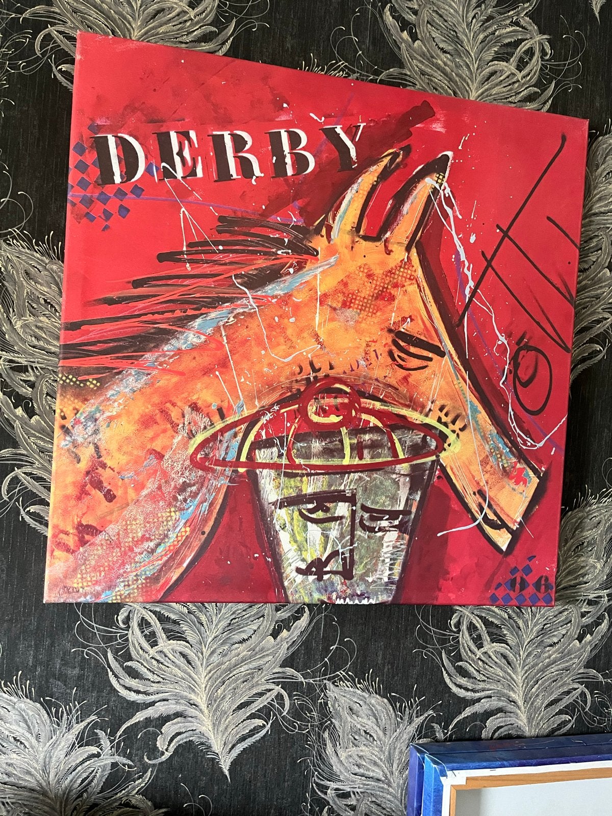 Modern schilderij 'Derby' met paard en abstracte elementen, Ophalen, Acrylverf, Handgeschilderd, Dieren