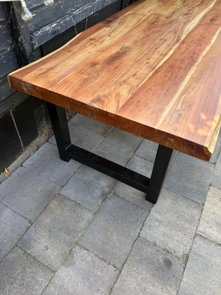 Houten eettafel met 6 stoelen in diverse kleuren, Ophalen, 200 cm of meer, 50 tot 100 cm, Vijf personen of meer