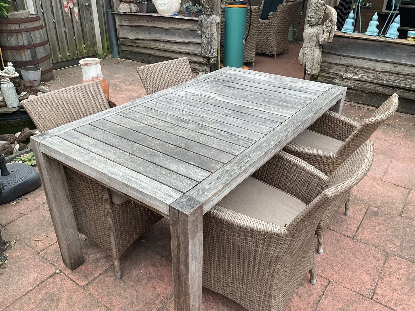 Houten tuintafel met 4 wicker stoelen, Tuin en Terras, Ophalen, 4 zitplaatsen, Gebruikt, Eettafel