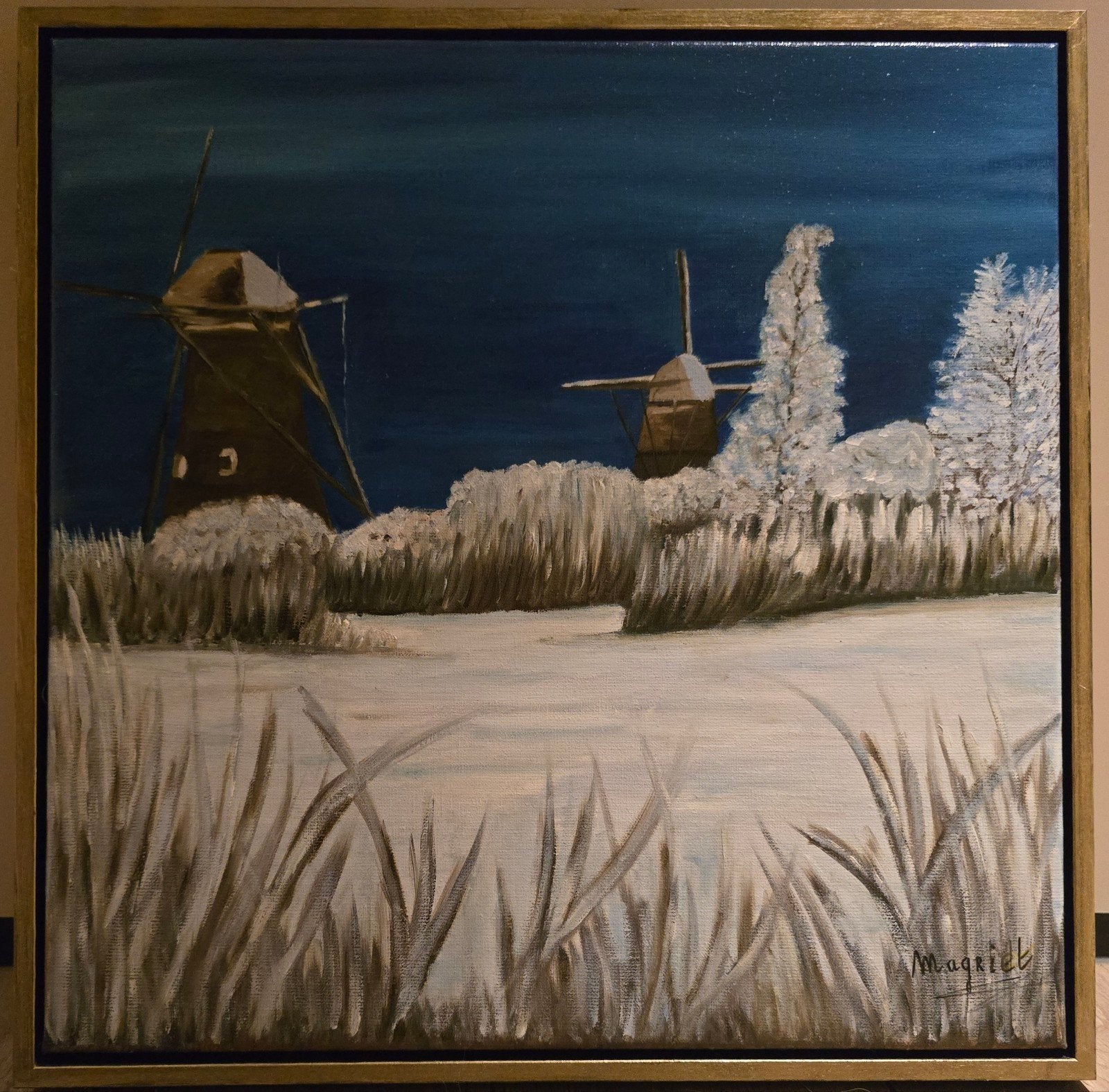 Schilderij Winterlandschap met Molens - Gesigneerd, Ophalen