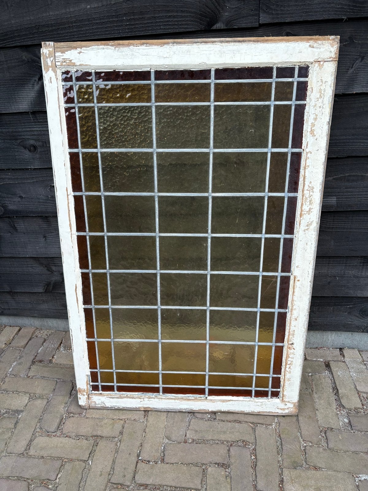Antiek Glas in Lood Raam - Bruin/Geel Getint, Doe-het-zelf en Verbouw, Ophalen, Gevelraam of Ruit, Gebruikt, Glas in lood