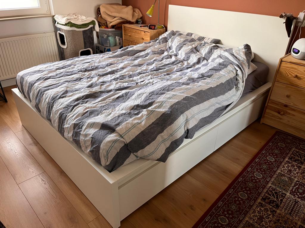 Ikea malm bed 140 x 200 met lades en lattenbodem, Ophalen, Gebruikt, Wit, Tweepersoons