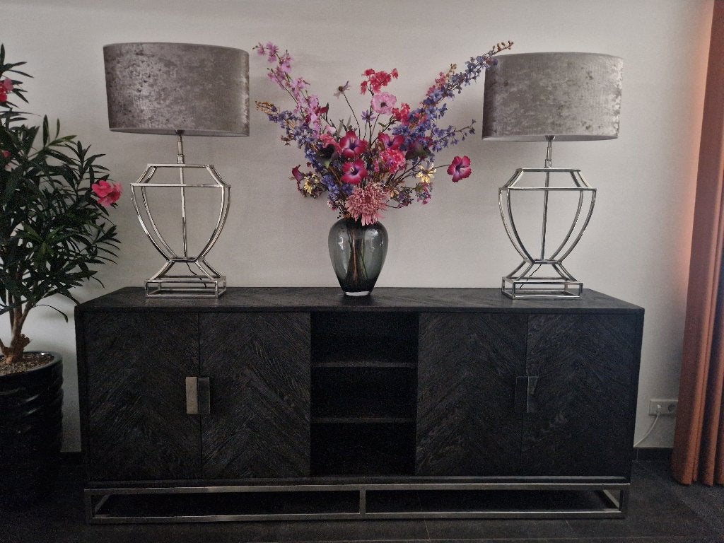 Luxe Richmond Dressoir Blackbone Silver Visgraat Zwart Eiken, Ophalen, Eikenhout, Zo goed als nieuw, 200 cm of meer