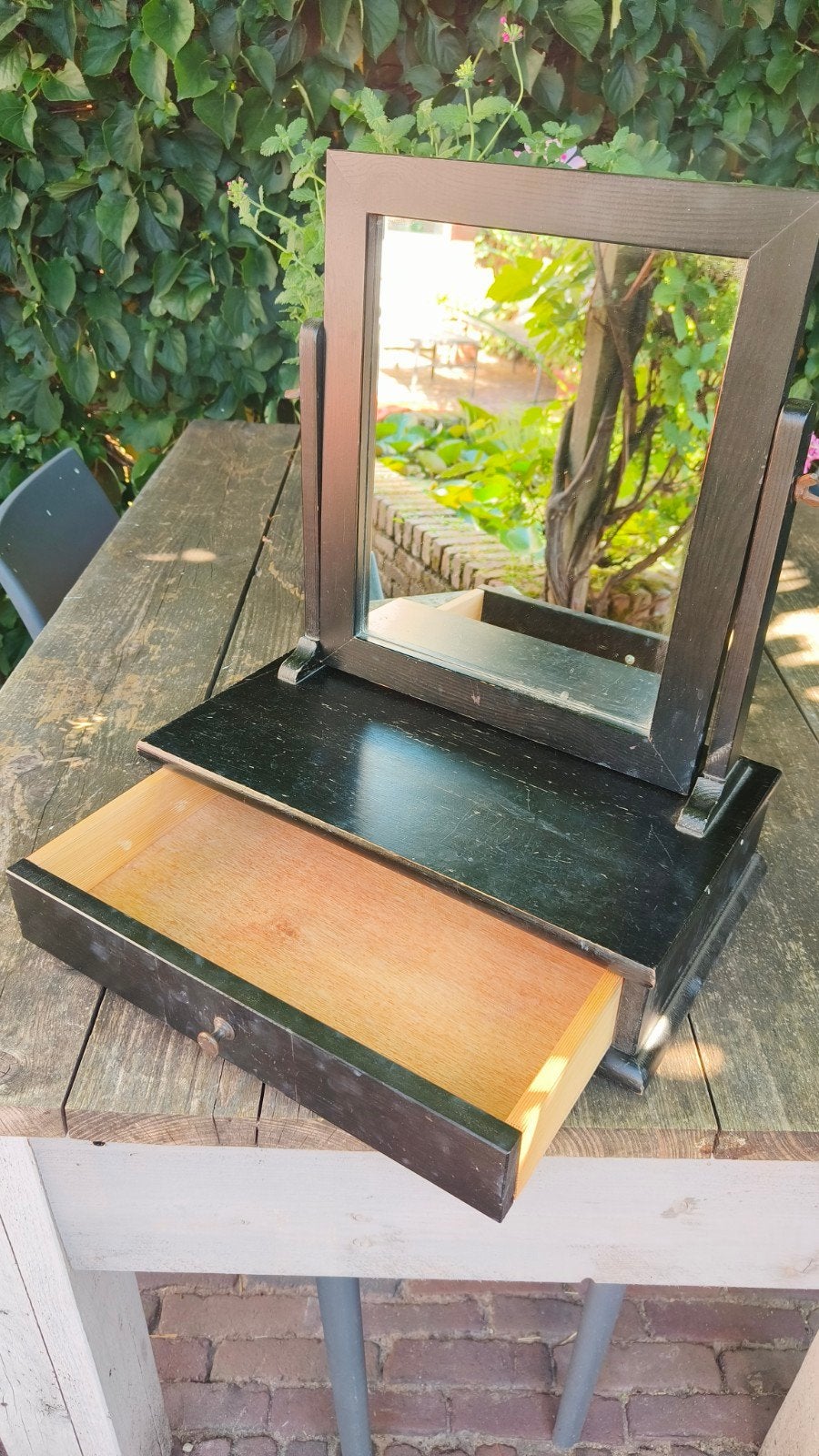 Vintage kaptafeltje met spiegel en lade - Zwart hout, Ophalen, Rechthoekig, Minder dan 50 cm, Minder dan 100 cm