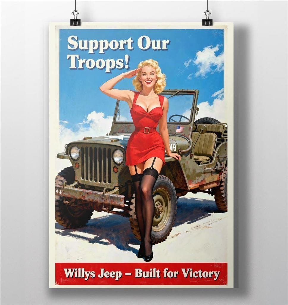 Willys Jeep sexy Pin Up Propaganda Poster, Verzamelen, Verzenden, Nederland, Foto of Poster