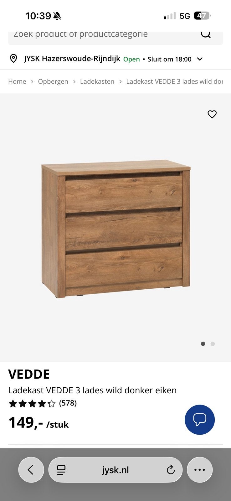 JYSK Vedde ladekast, Ophalen, 50 tot 100 cm, Zo goed als nieuw, 3 of 4 laden