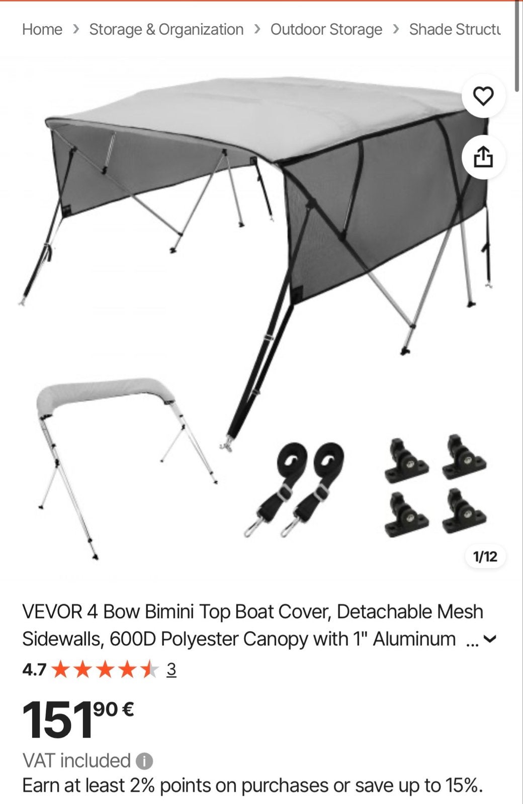 Bimini Top Bootkap met Afneembare Zijwanden- Grijs | VEVOR, Ophalen, Nieuw, Overige typen
