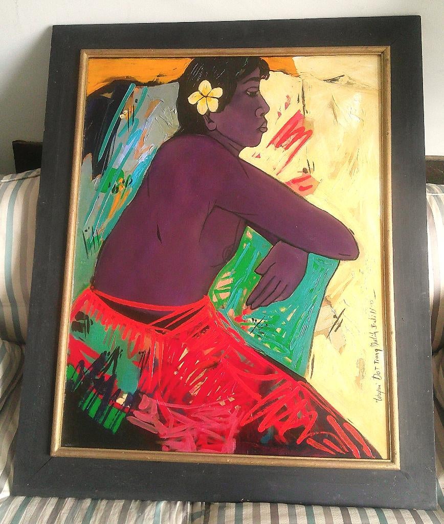 Vrouw met ontbloot bovenlijf - Krijono (Indon. 1951-2011), Antiek en Kunst, Kunst | Schilderijen | Klassiek, Ophalen